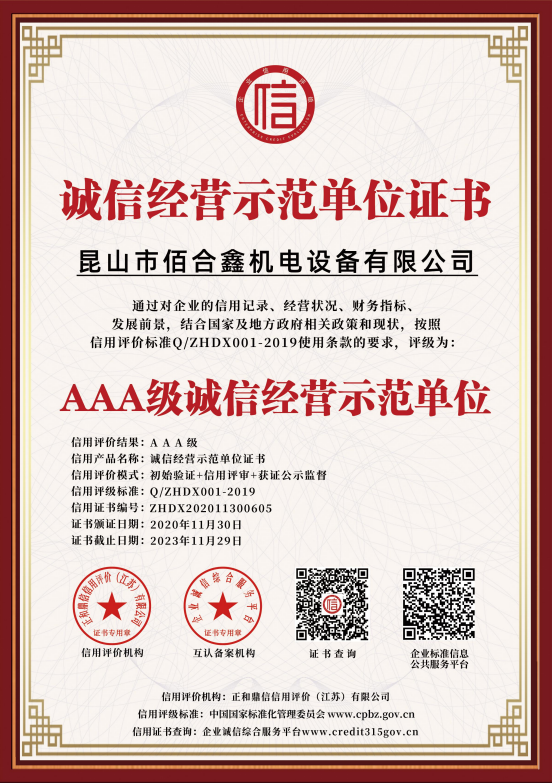 誠信經(jīng)營示范單位證書